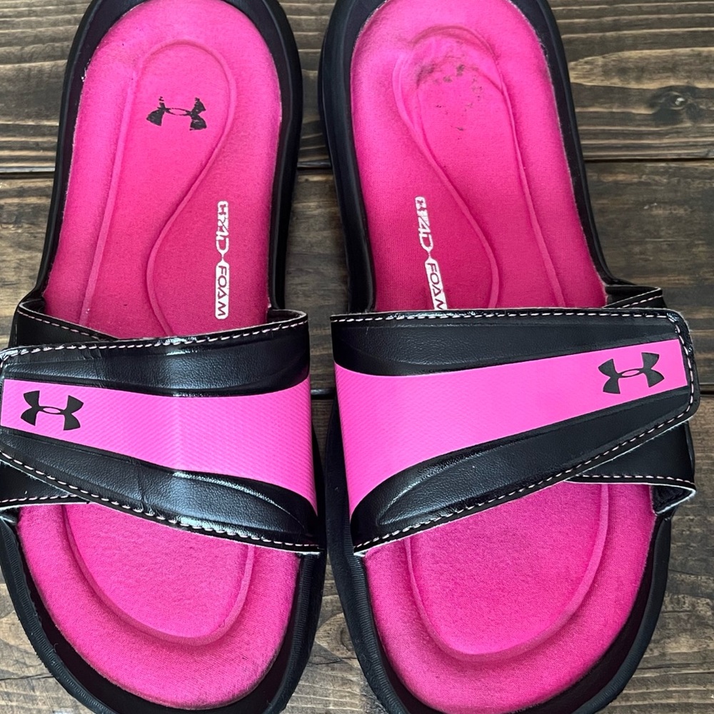 Under Armour Women's Pink and Black Slide Sandals